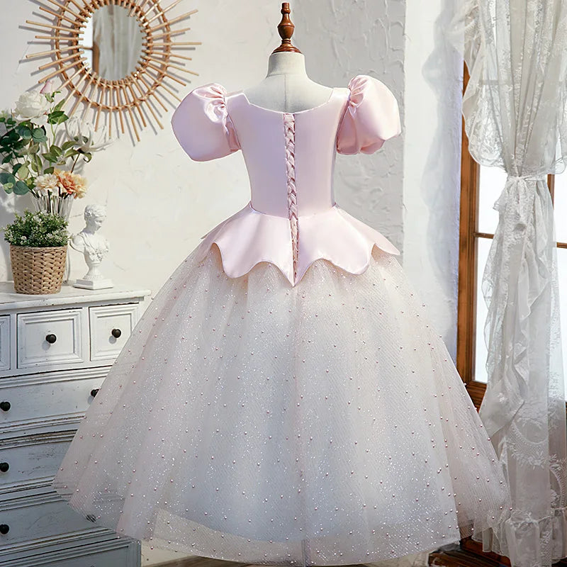 Children Pink Satin Tulle Dress Beading Puff Sleeve Floor-Length Chiffon Dresses Girl Kids Square Collar Wedding Party Gown