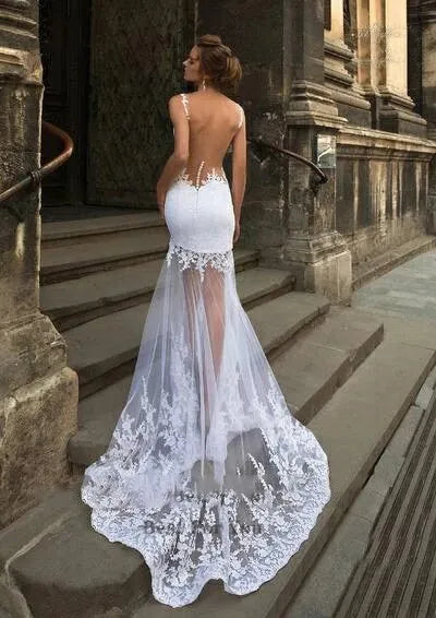 Graceful White Mermaid Wedding Dresses Detachable Train 3 in 1 Lace Applique Sheer Neck Bridal Gown Backless Robe De Mariée