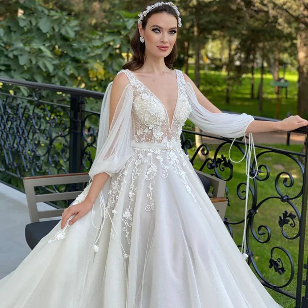 A-Line 3/4 Sleeve Sexy Deep V Neck Wedding Dress Open Back Tulle Lace Appliquéd Bridal Gown Boho Vestidos Custom