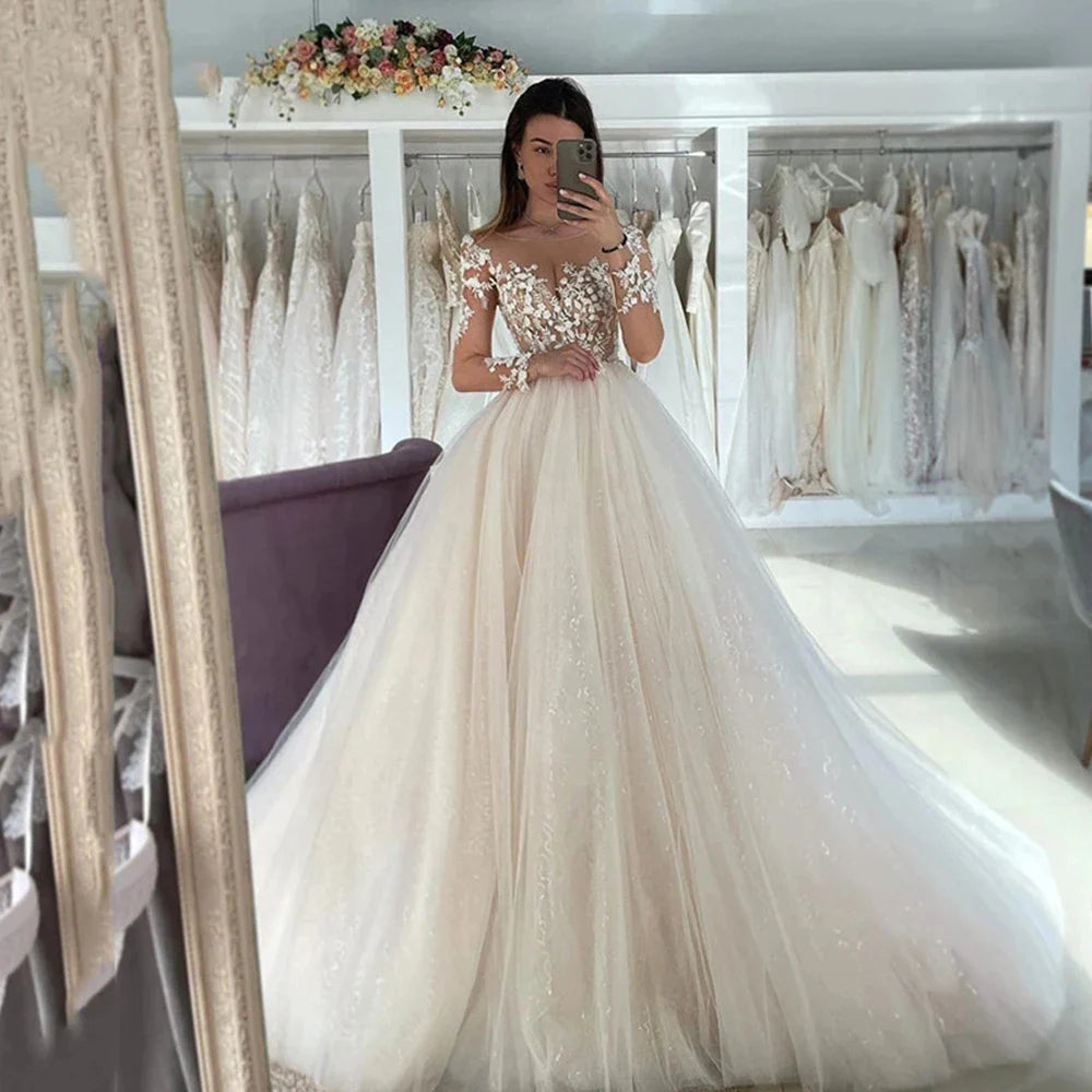 Light Champagne Lace Luxuriant Wedding Dresses Long Sleeve Shiny Glitter Bride Deep V-Neck Gowns Vestido De Noiva Robe плат 14W