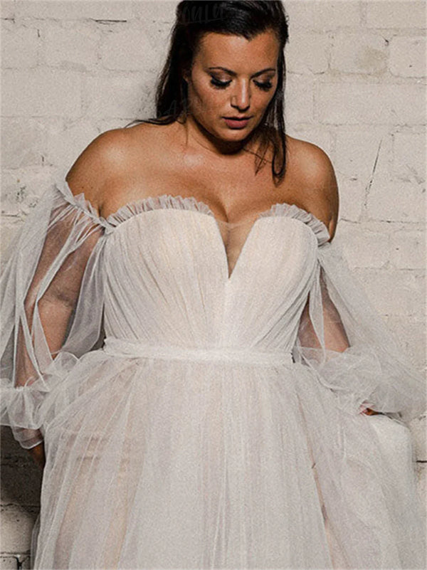 Plus Size Wedding Dress Beach Style A-line Bride Dresses With Long Puff Sleeves Sweep Train Bridal Gown Vestidos De Novia