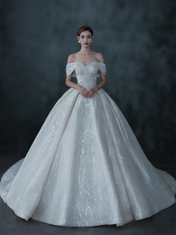 PERFECT Wedding Dress Boat Neck Lace Sequins Applique Crystal Off Shoulder Court Train Ball Gown Princess Bridal Gowns New