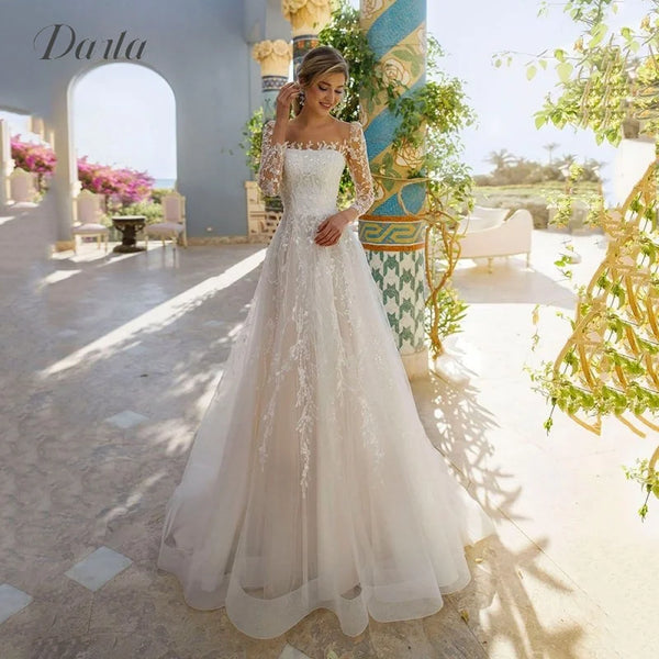 Exquisite Lace Tulle A Line Wedding Dresses O Neck Long Sleeve Bridal Gowns Morden Embroidery Button Pleat Vestido de Novia