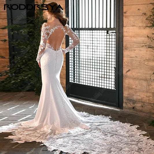 O-Neck Appliques Mermaid Wedding Dresses For Bridal Long Sleeves Soft Satin Lace Court Train Vestidos De Noiva Mariage
