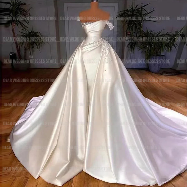 Luxury Detachable Train Mermaid Wedding Dresses For Woman Sexy Pearl Satin Formal Elegant Party Bridal Gowns Robe De Mariée
