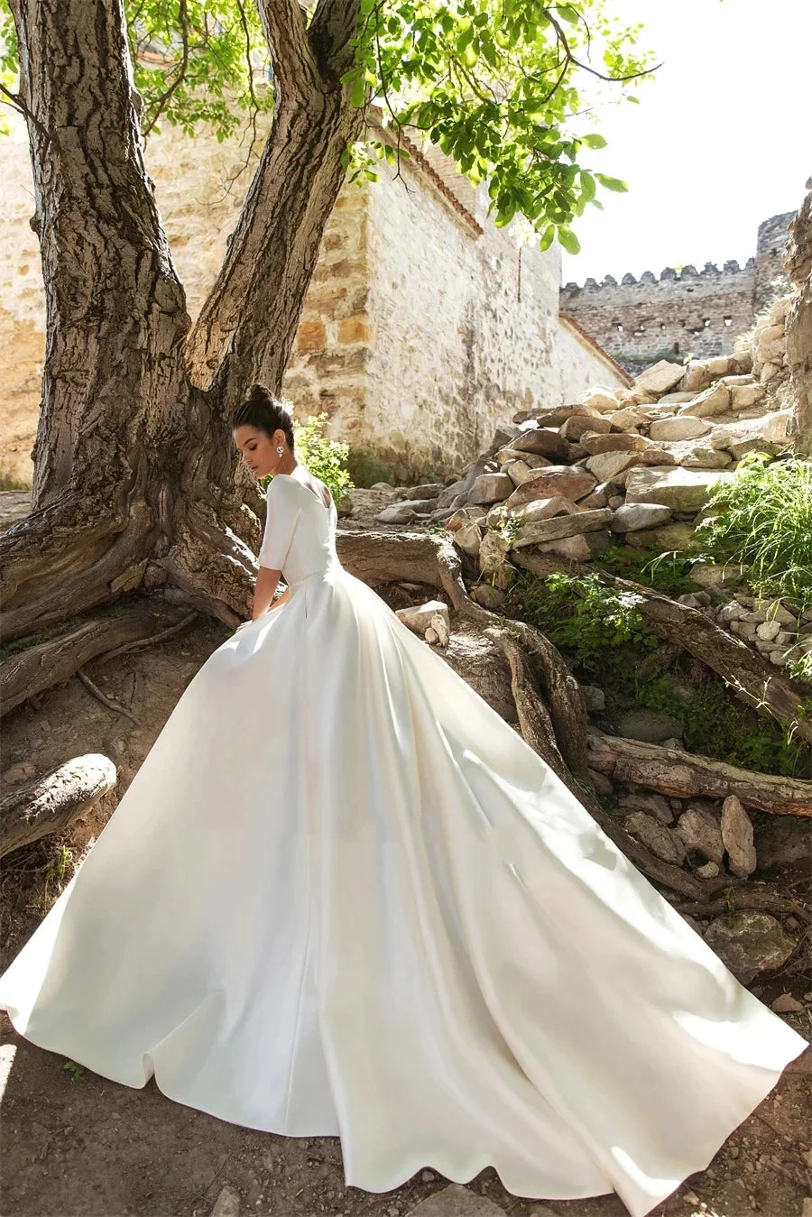 Vestidos De Novia elegantes simples con bolsillos Vestidos De Novia elegantes batas De corte en A satén mangas tres cuartos Vestidos De Novia 