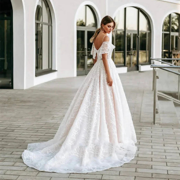 I OD Elegant A-Line Wedding Dresse Spaghetti Short Sleeves V-neck Open Back Lace Up Applique Tulle Bridal Gowns Court Train