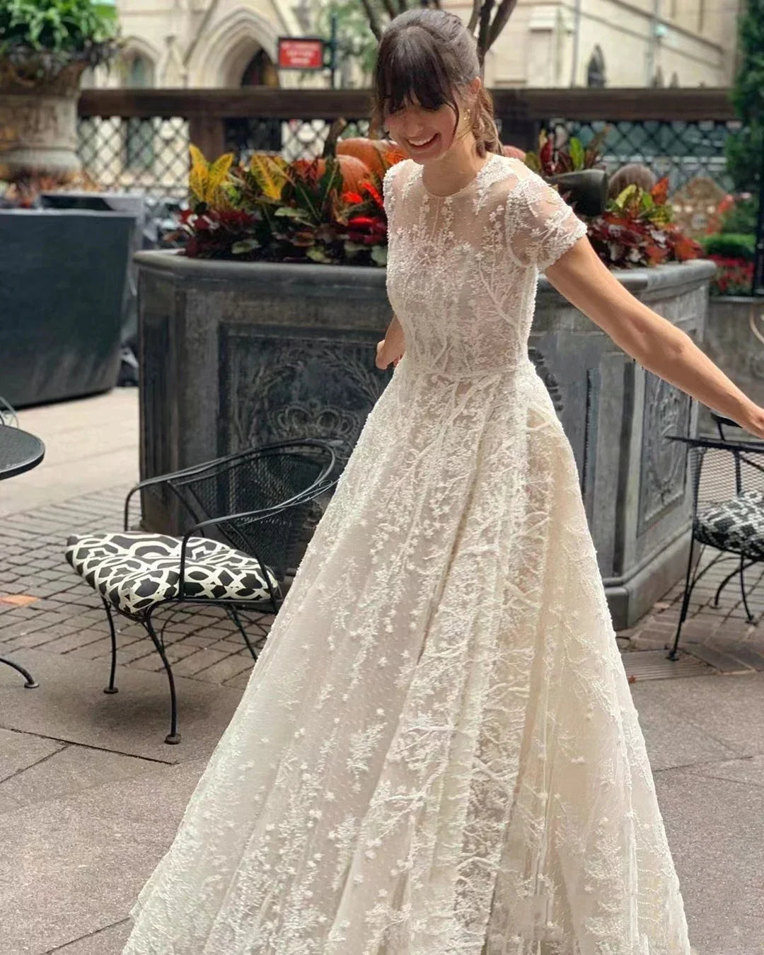 Böhmen Vintage Brautkleider O-Neck Kurzärmele Brautkleider Spitzen Applikationen A-Line Roben bodenlange Vestidos de Novia