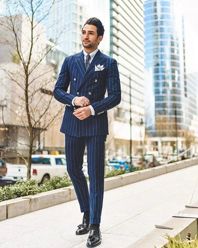 Navy Blue Striped Suits For Men Slim Fit Double Breasted Groom Wedding Tuxedos Blazer Classic Business Casual Coat Pants 2Pcs