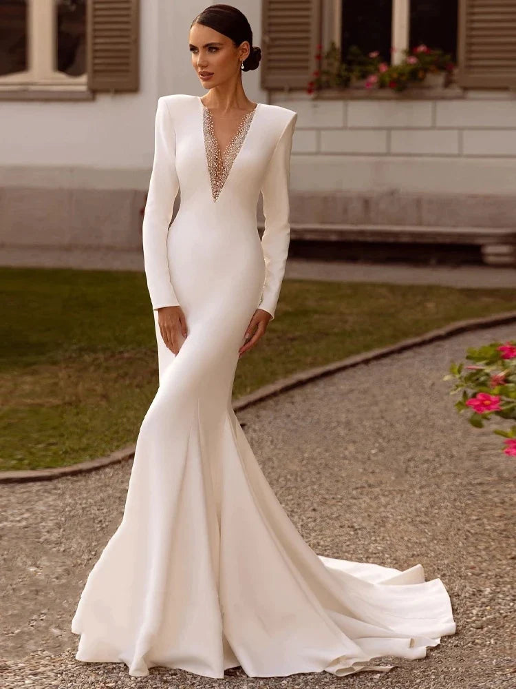 Abiti da sposa semplici da sposa in raso eleganti abiti da sposa sexy abiti da pavimento senza scollo a V profondi abiti da pavimento senza sposa per la sposa Vestidos de nolia