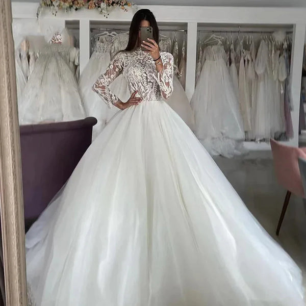 Beautiful Sexy High Collar Fluffy Mopping Lace Applique Fascinating Wedding Dresses Long Sleeve A-Line Romantic Bride Gown