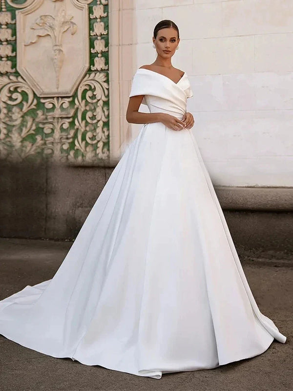 Elegant Wedding Dresses Off The Shoulder Satin A-Line Bridal Gowns For Formal Party V-Neck Floor Length Vestidos De Novia