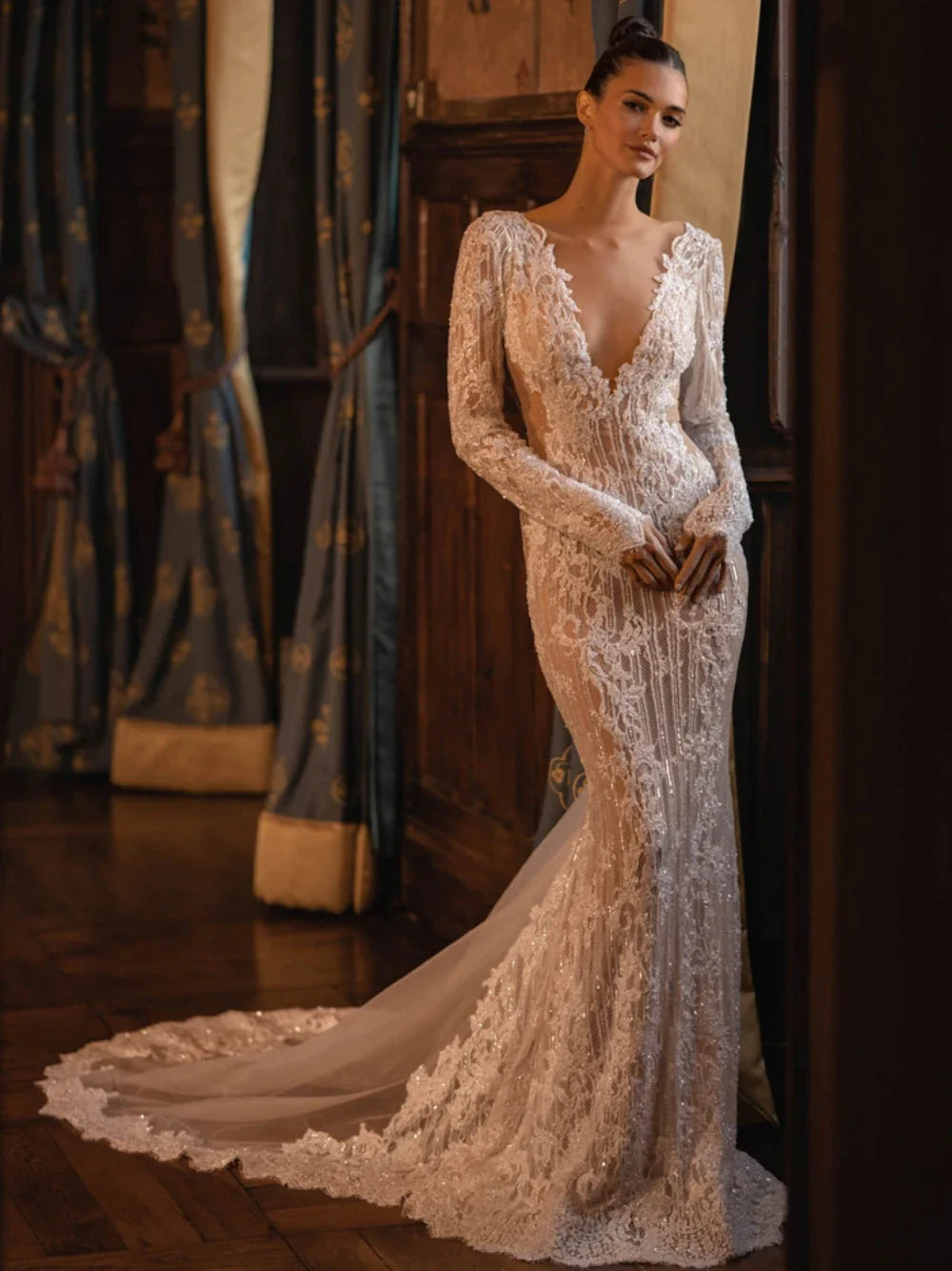 Sexy col en v profond dos nu Robe De mariée classique dentelle Appliques Robe De mariée perles scintillantes paillettes longue Robe De mariée Robe De Mariée 