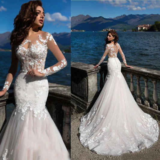Long Sleeves Mermaid Wedding Dresses Lace Applique Scoop Neck Bridal Gowns Sweep Train Vestidos De Novia Custom