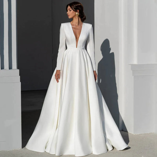 Elegant Simple Wedding Dresses For Women V-Neck Backless Sexy Bridal Gowns Satin Long Sleeve Robe A-Line Vestidos De Novia