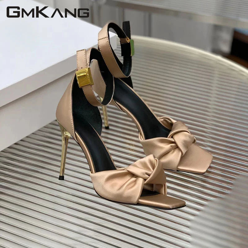 New Sandals Woman Crystal Studded Round Heels Sandals Women Satin Ankle Strap High Heels Runway Shoes Summer Sandalias Mujer