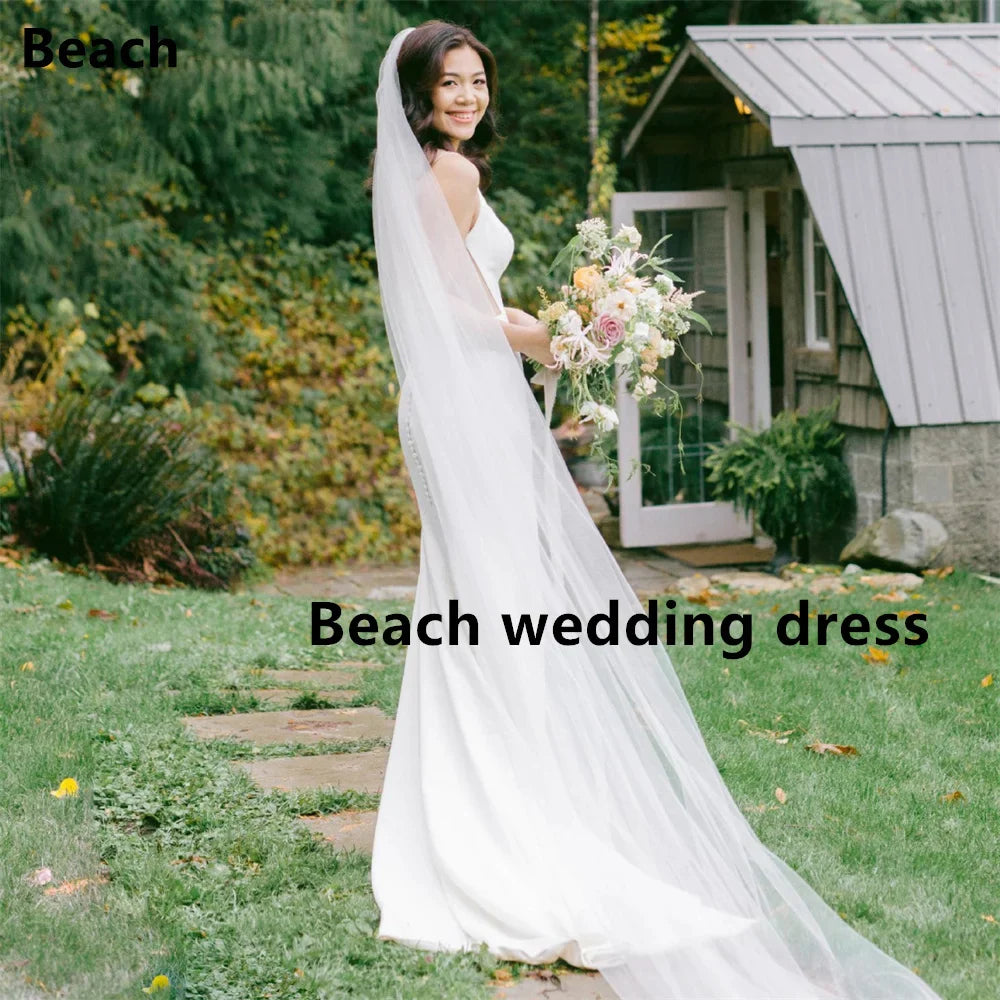 Beach Satin Spaghetti V Neck Wedding dress Vestidos de novia Vintage Train A line Wedding Party Gowns Bridal Dresses