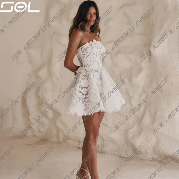 SOL 3D Floral Lace Appliques Strapless Wedding Dresses Elegant Backless Mini Above Knee Length Bridal Gowns Vestidos De Novia