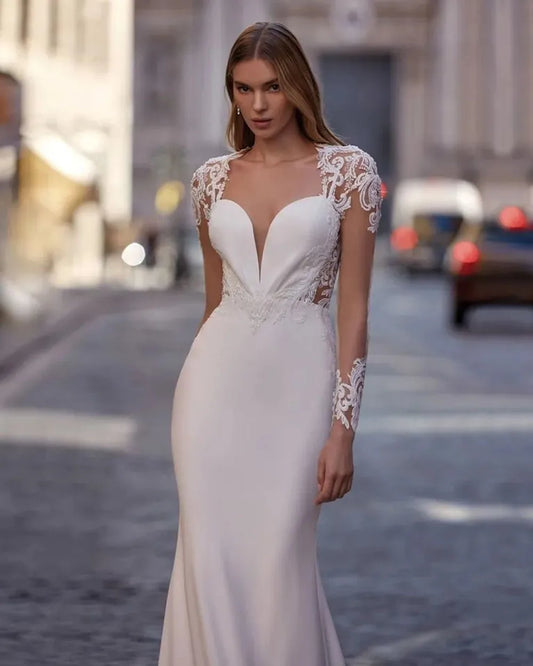 Boho Long Sleeves Mermaid Wedding Dresses For Women Satin Sexy V Neck Open Back Bridal Gown With Lace Appliques Sweep Train