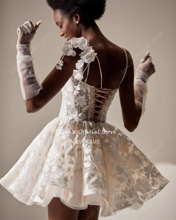 Qanz Appliques Short Wedding Dresses Spaghetti Straps 3D Flowers Robes Mariée A Line Corset Back Plus Size свадебное платье