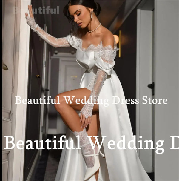 Beautiful Dress Unique 2 Piece Wedding Dress Sheath Short Lace Sheer O-Neck Long Sleeves And A-Line Satin Bridal Dress Vestidos