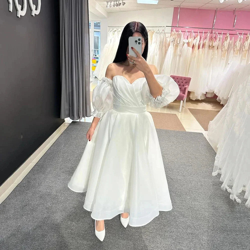 Short Wedding Gown Sweetheart Pleats Detachable Puff Sleeve Organza Bride Dresses SiFor Women Elegant Customize To Measures