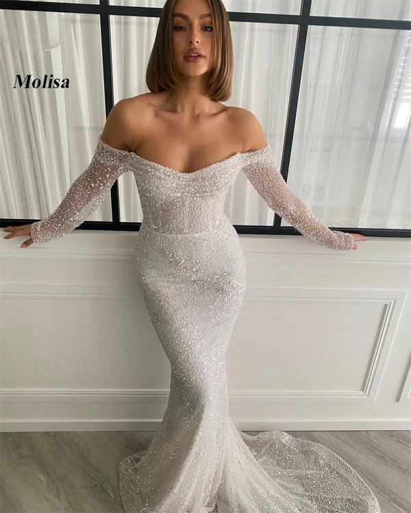 Sexy mermaid Ladies wedding dress with off the shoulder floor-length sequined beaded long sleeve sweep train bridal gown