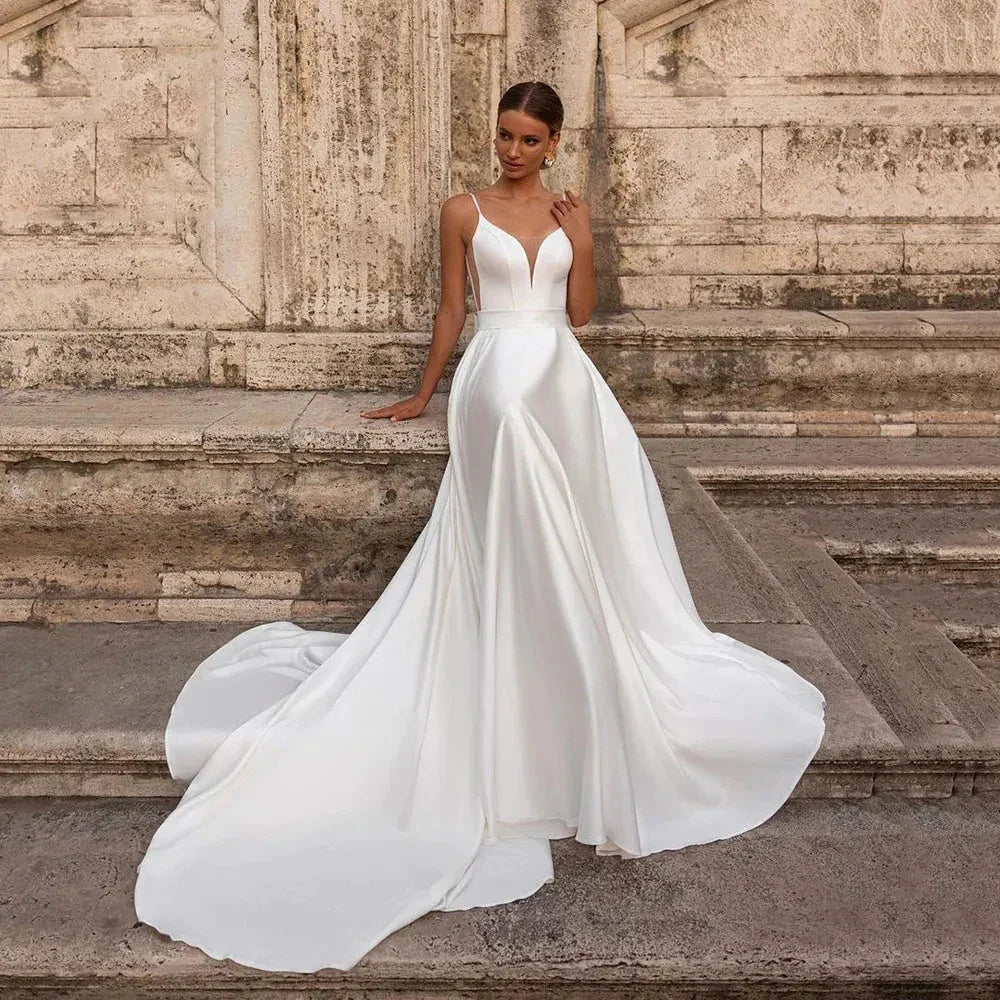 Gorgeous Satin Beach Boho Mopping Wedding Dresses Off Shoulder Sleeveless Sexy Backless V-Neck Bridal Gowns Beautiful A Line 14W