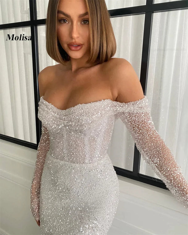 Sexy mermaid Ladies wedding dress with off the shoulder floor-length sequined beaded long sleeve sweep train bridal gown