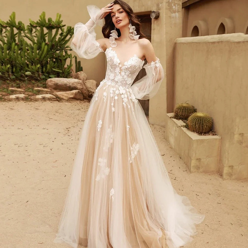 Classic Wedding Dresses A-Line Tulle Bridal Gowns Lace Appliques Off The Shoulder Vintage Robes Puff Sleeves Vestidos De Novia 14W