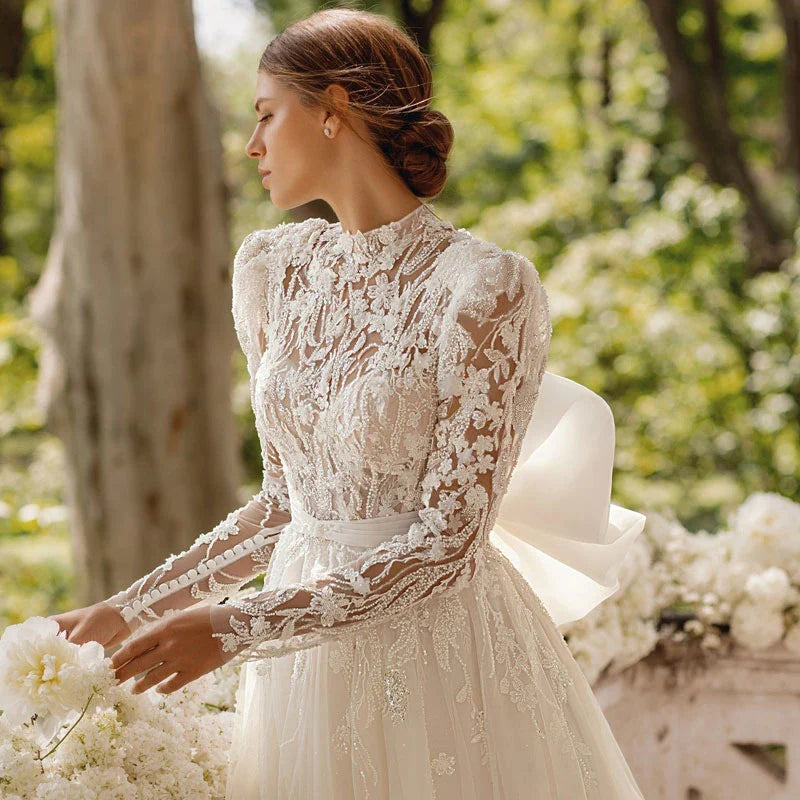 Princess Wedding Dress For Women Tulle Bridal Gown Elegant Long Sleeves Lace Applique Up Bow Belt Vestidos De Novia