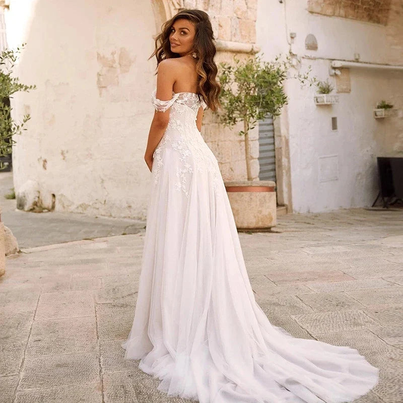 Abiti da sposa graziosi per donne abiti da sposa a-line appliques in pizzo dalla spalla elegante abiti Vestidos de nolia