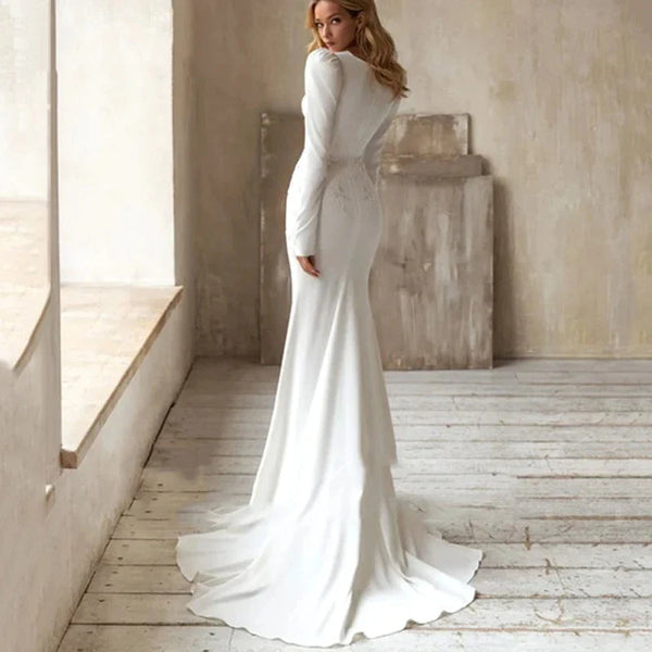 Elegant Wedding Dresses Sexy Deep V-Neck Bridal Gowns Long Puff Sleeves For Formal Party Satin Robes Luxury Vestidos De Novia