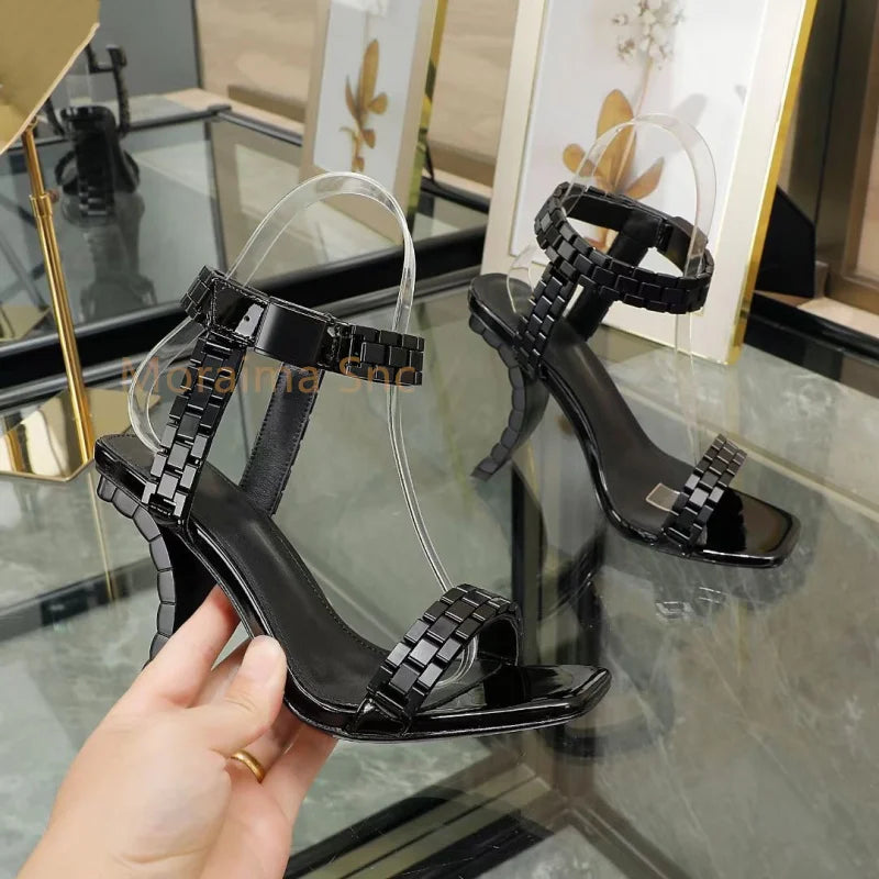 Strange Style High Heels Metal Watch Chain Square Toe Sandals for Women Summer New Fashion Women's Shoe Party Catwalk