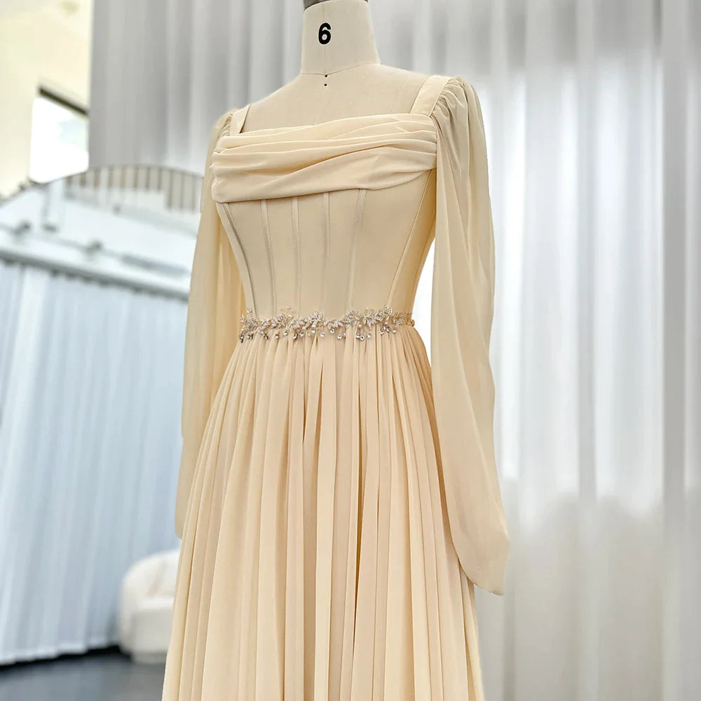 Beige Kurzes Midi Arabisch Abendkleid mit Gürtel lange Ärmel Tee Länge Frauen formelle Hochzeitsfeierkleider SS393