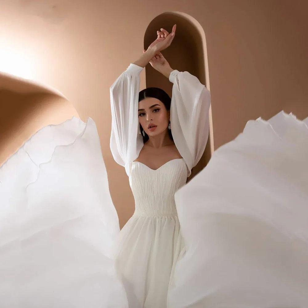 Simple Strapless Wedding Dresses Puff Sleeves Backless Chiffon Bridal Gowns Robe De Mariee Court Train For Elegant Women