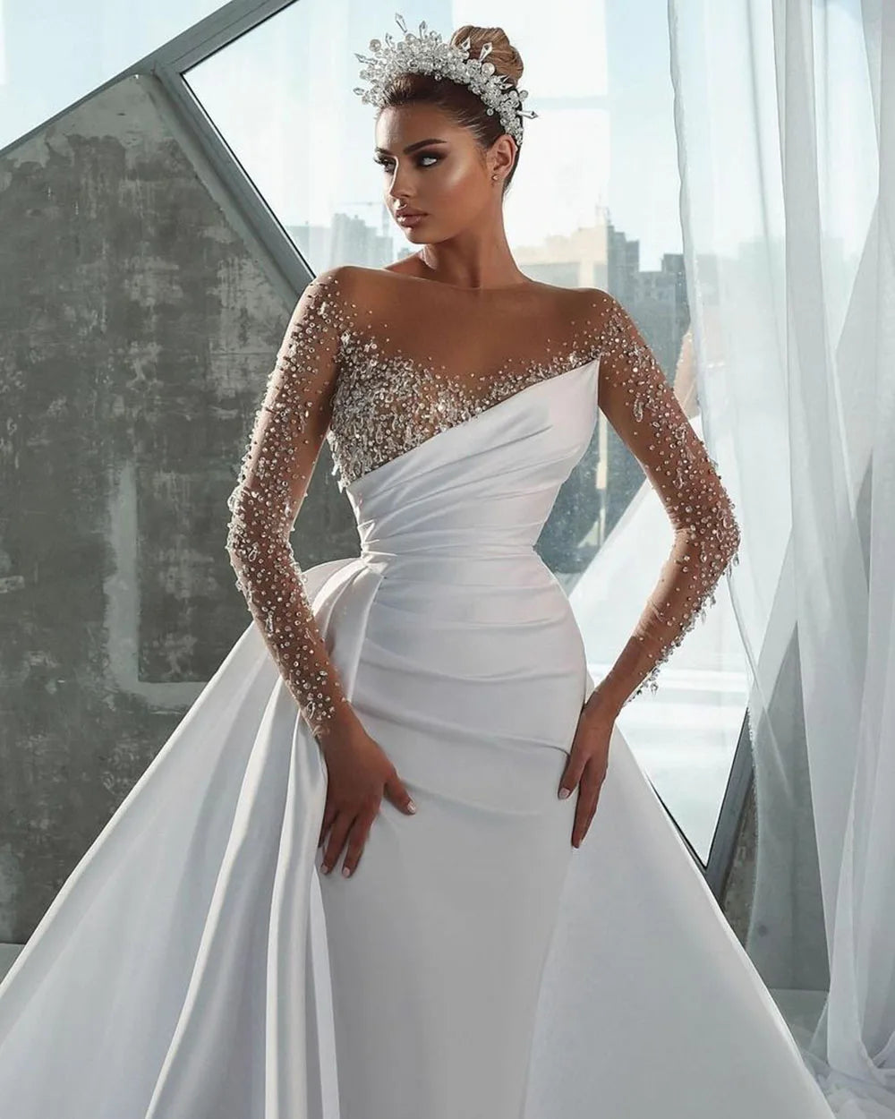 Sexy Illusion Neck Meerjungfrau Hochzeitskleid Langhülle glänzende Perlenbrautkleider mit Überwachungen Vintage Vestidos de Novia