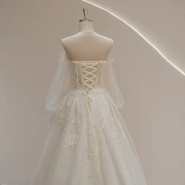 SL-9293 Suli Romantic Sweetheart Neckline Puff Long Sleeve Bride Wedding Dress Lace Appliques Beading Bohemian Bridal Gown