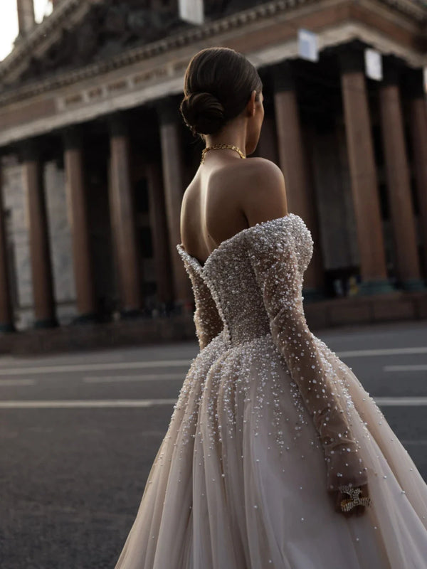 Graceful Off The Shoulder Wedding Dress Sparkly Sequins Pearls Dress For Bride Luxury A-line Long Bridal Gown Robe De Mariée