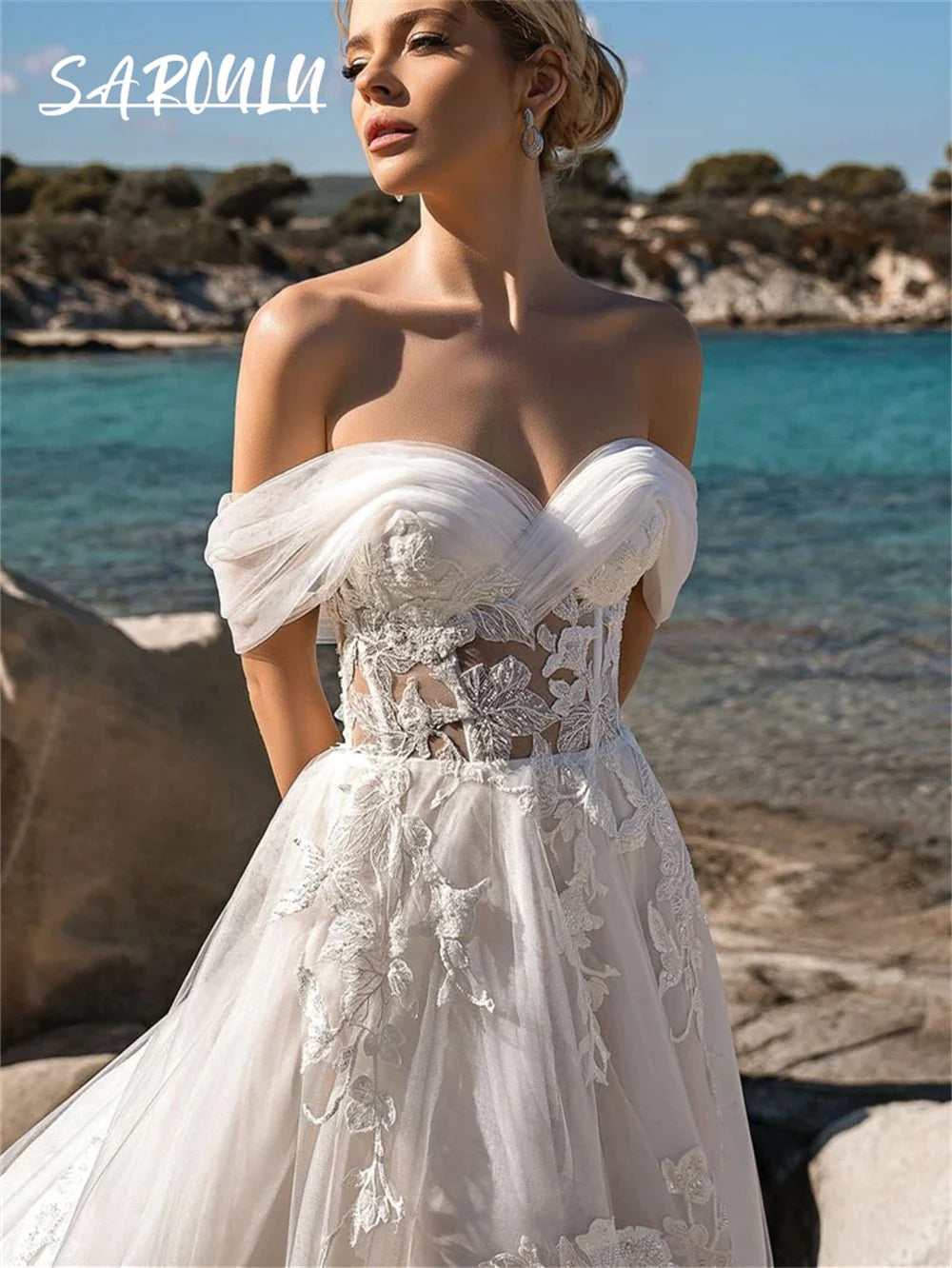 Beach Tulle Wedding Dresses For Women Off The Shoulder A Line Bridal Gown With Lace Appliques Bohemian Romantic Bride Dresses