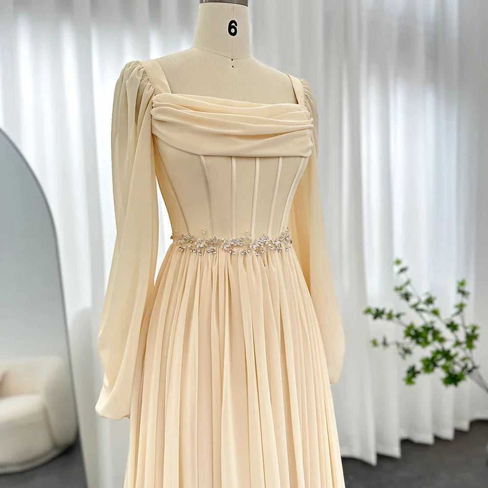 Beige korte midi -Arabische avondjurk met riem lange mouwen thee lengte vrouwen formele bruiloftsfeestjurken ss393