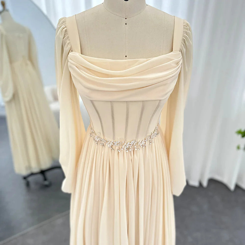 Beige korte midi -Arabische avondjurk met riem lange mouwen thee lengte vrouwen formele bruiloftsfeestjurken ss393