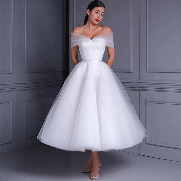 White Short Wedding Dresses Off The Shoulder Lace Tea Length Elegant Outdoor Bridal Gowns Vestidos De Novia свадебное