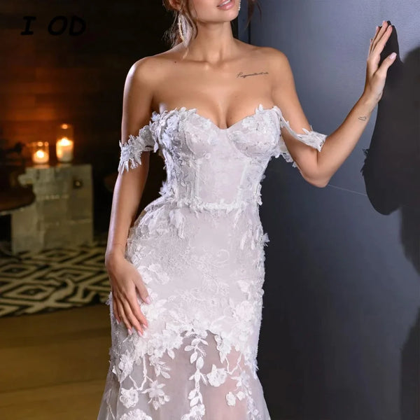 I OD Mermaid Wedding Dress Sweetheart Appliques Off The Shoulder Zipper Back Floor Length Lace Bridal Gown Vestidos De Novia New