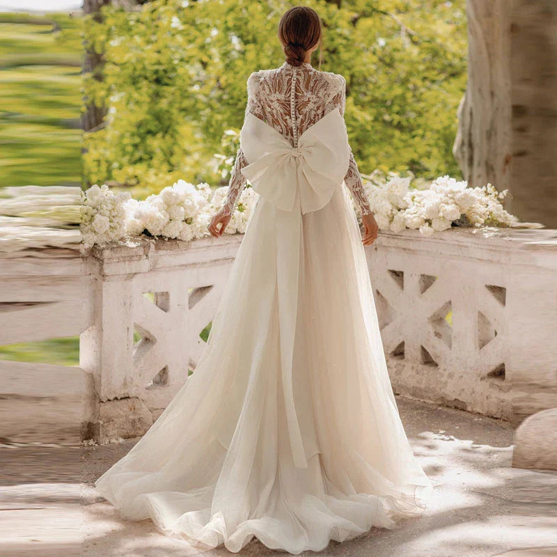 Princess Wedding Dress For Women Tulle Bridal Gown Elegant Long Sleeves Lace Applique Up Bow Belt Vestidos De Novia