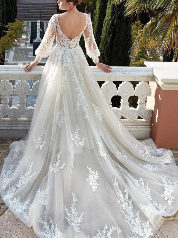 Modest Long Sleeve Wedding Dress Classic Lace Appliques Bride Robe Elegant Vintage A-line Tulle Long Bridal Gown Robe De Mariée