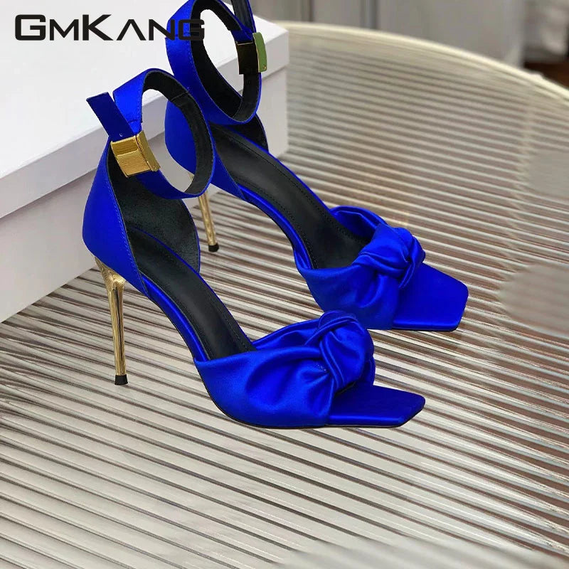 New Sandals Woman Crystal Studded Round Heels Sandals Women Satin Ankle Strap High Heels Runway Shoes Summer Sandalias Mujer