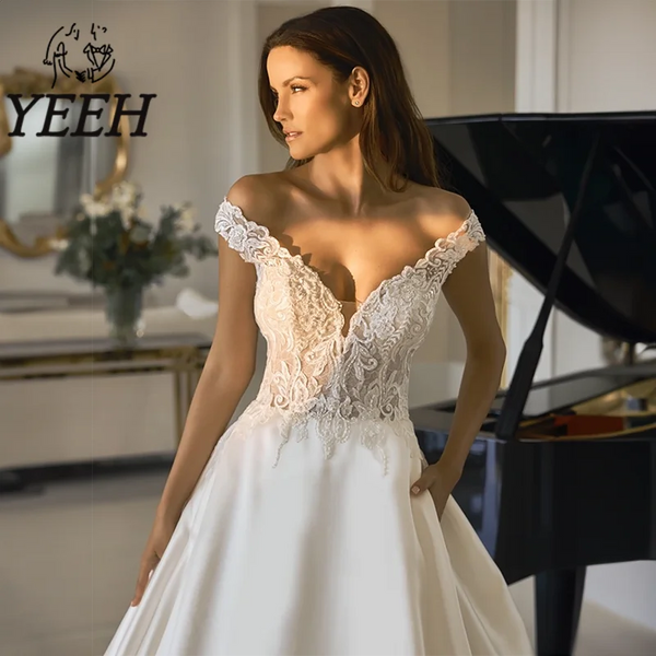 YEEH Lace Appliques Wedding Dress Cap Sleeves Bridal Ball Gown Elegant Illusion Open Back Court Train Vestido De Noiva for Bride