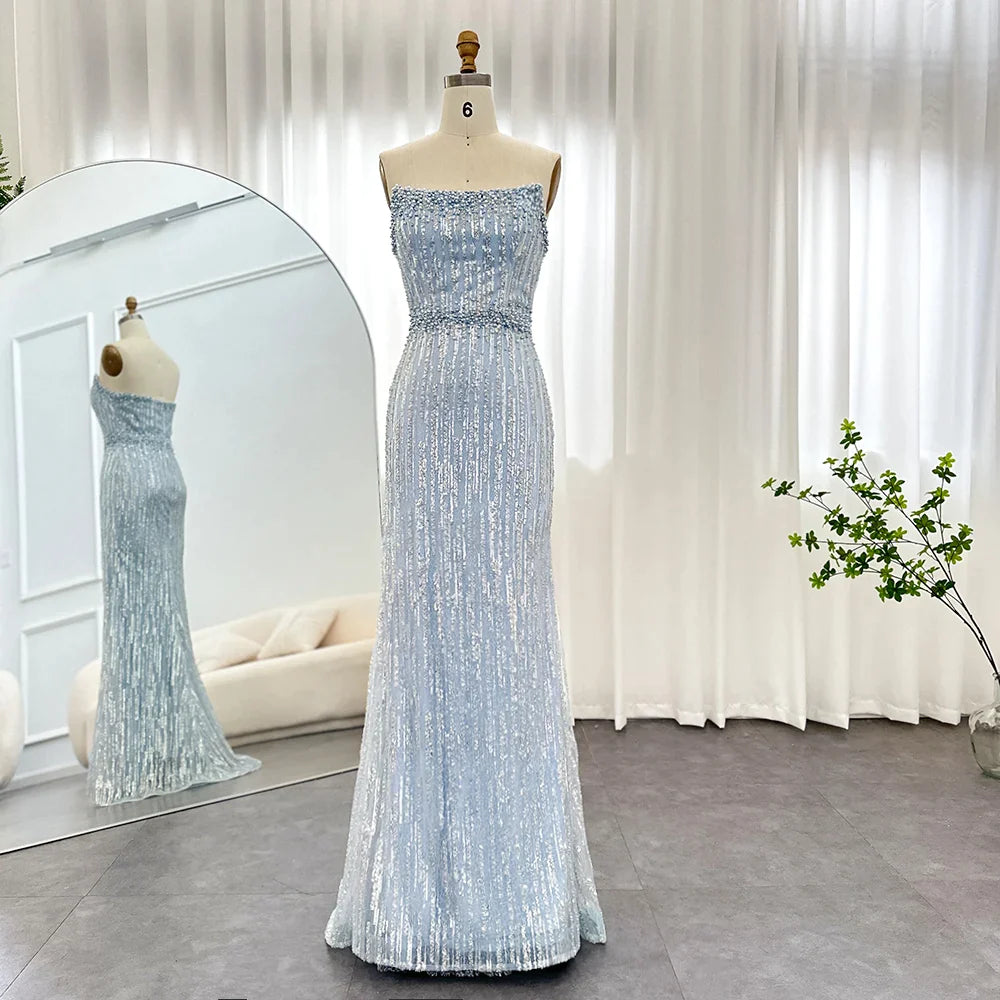 Light Blue Pearls Luxury Dubai Evening Dresses Elegant Strapless Arabic Women Wedding Party Formal Gowns SS395 Long Lining