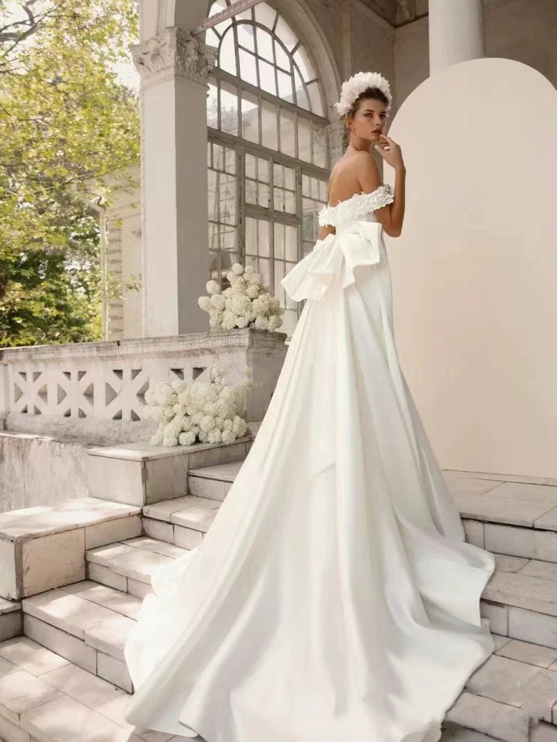 Elegant Luxury Wedding Dresses With Detachable Train Boat Neck Bridal Gowns Off The Shoulder Bow Decorate Robe Vestidos De Novia 14W